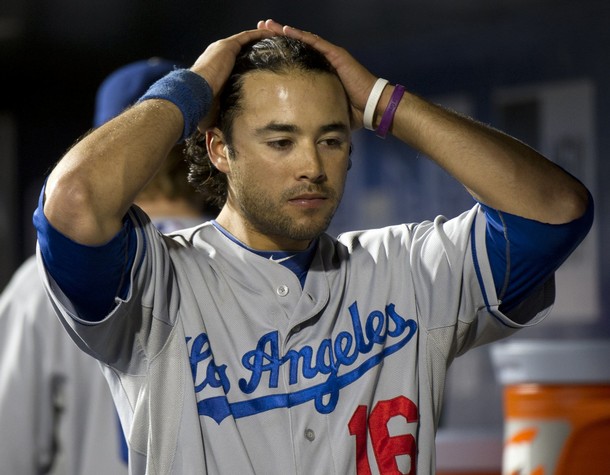 Los Angeles Dodgers batter Andre Ethier reacts in the dugout after he struck out against the New York Mets during their MLB National League baseball game in New York